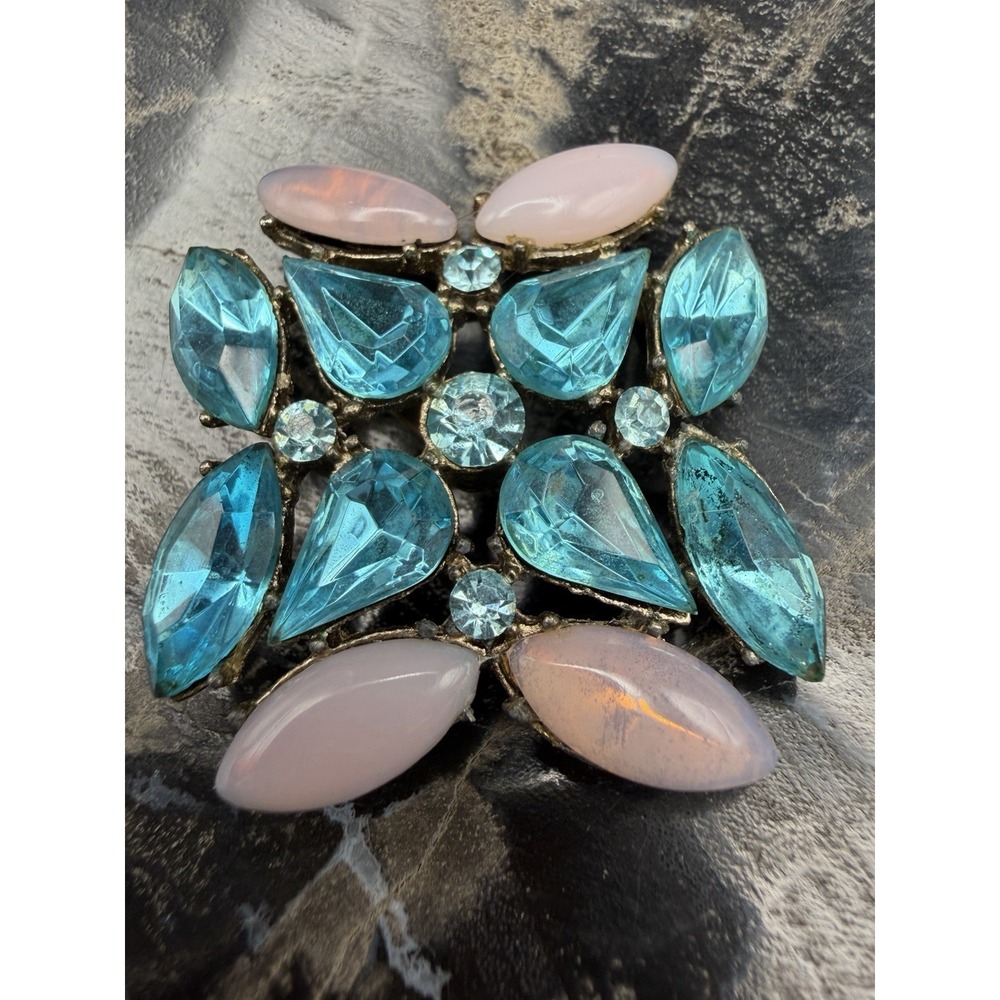 Vintage Blue Pink Rhinestone Cluster Brooch, Gold Tone Setting, Retro Lapel Pin